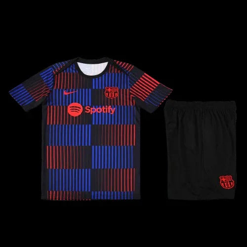 Ensemble Barcelone Le 12 -ème Maillot, maillot de football bleu et grenat avec logo et détails du club.