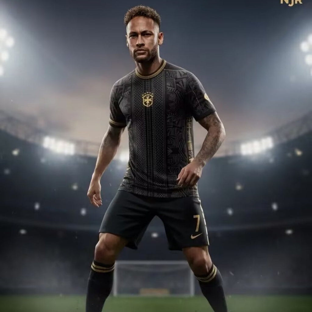 Maillot de football Brésil 25/26 en noir, modèle spécial de la marque Le 12 -ème Maillot, visible en gros plan.