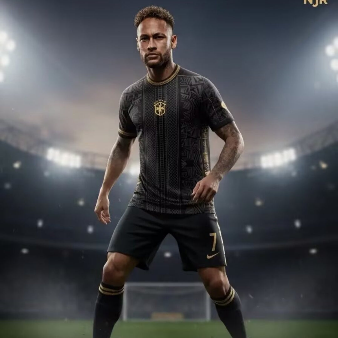 Maillot de football Brésil 25/26 en noir, modèle spécial de la marque Le 12 -ème Maillot, visible en gros plan.