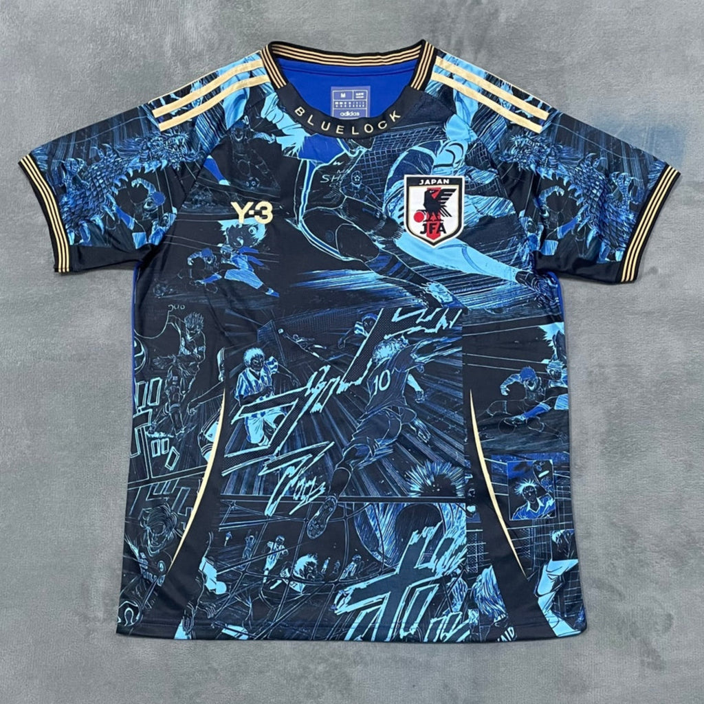 Maillot bleu pour enfants 25/26 ans, style japonais anime, marque Le 12 -ème Maillot, détail du design sur le tissu.