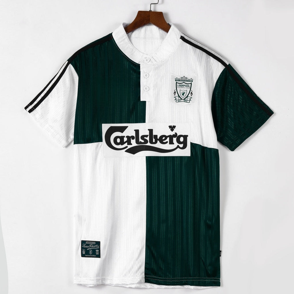 Maillot extérieur rétro Liverpool 1995-1996, marque Le 12, avec logo et détails du maillot de football vintage.