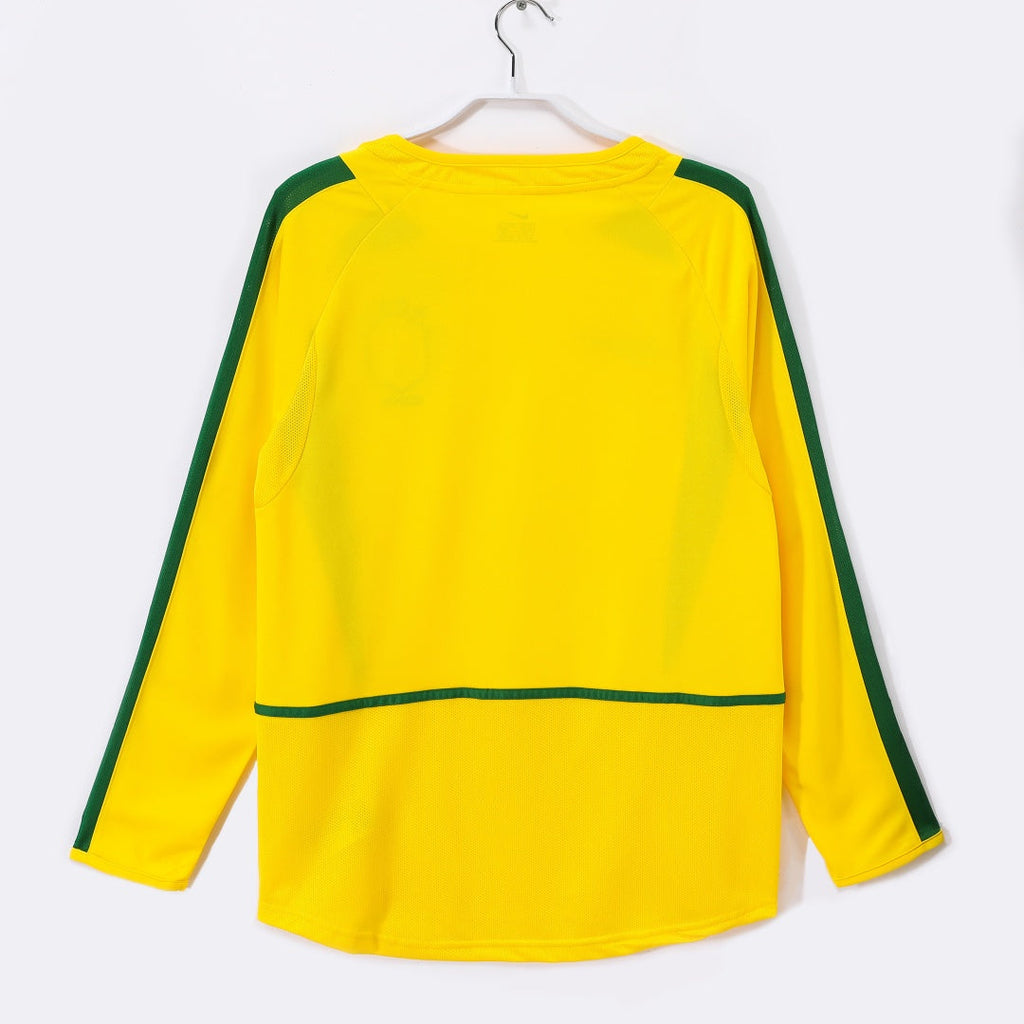 Maillot domicile rétro de 2002 pour le Brésil, manches longues, fabriqué par Le 12 -ème Maillot, vue de face.