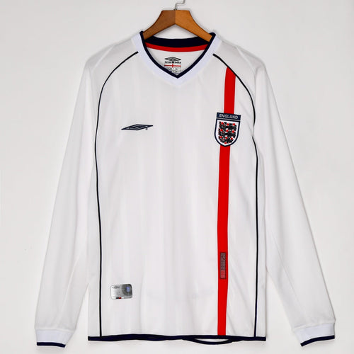Maillot domicile rétro de l'Angleterre 2002, manches longues, marque Le 12 -ème Maillot, coloris blanc et rouge.