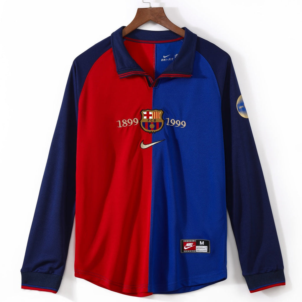 Maillot domicile rétro du FC Barcelone 1999-2000 avec manches longues, marque Le 12-ème Maillot, logo du club visible.