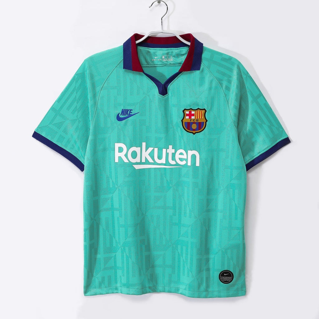 Maillot extérieur rétro du FC Barcelone 2019-2020, marque Le 12, vue de face avec logo et détails du maillot.