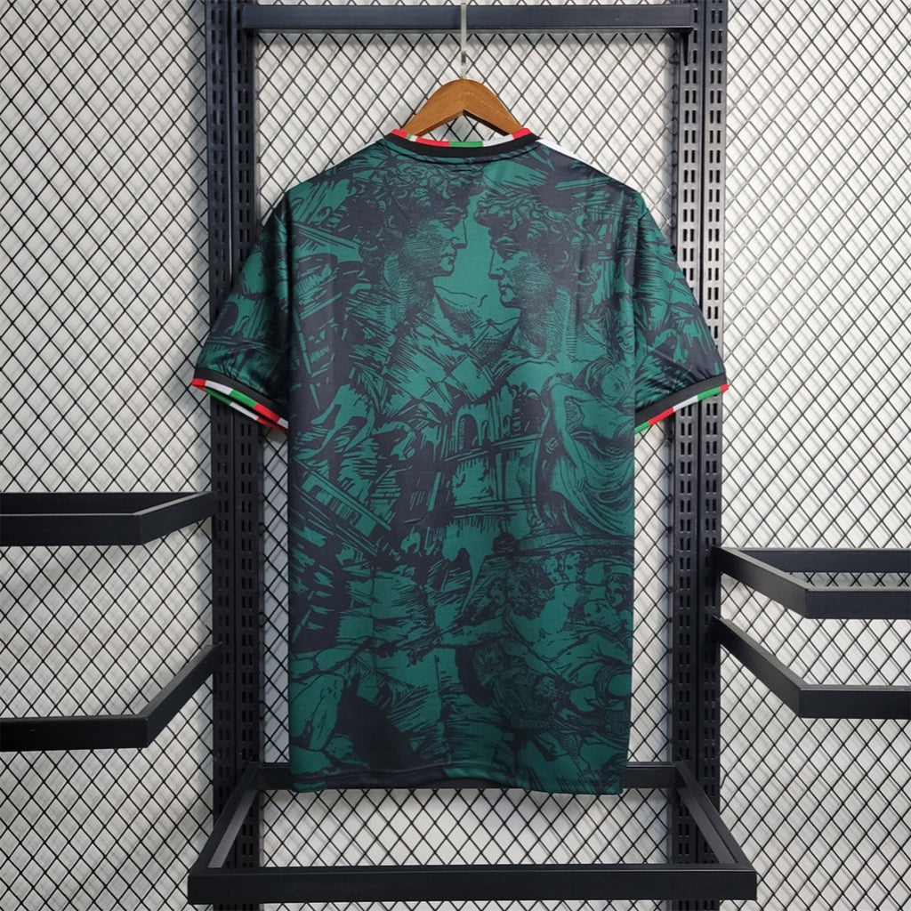 Maillot de football Italie 24/25 version spéciale verte, fabriqué par Le 12 -ème Maillot, vue de face avec détails du design