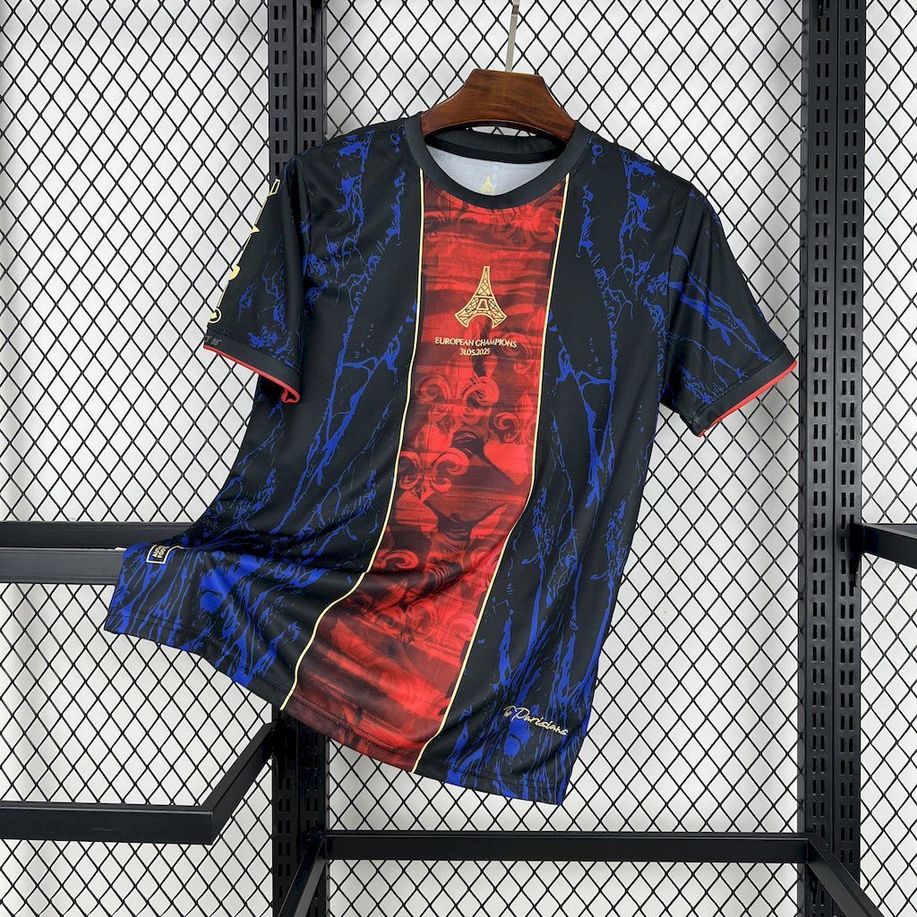 Maillot PSG 25/26 Le 12-ème avec motif Tour Eiffel, maillot de football bleu et rouge pour fans du Paris Saint-Germain