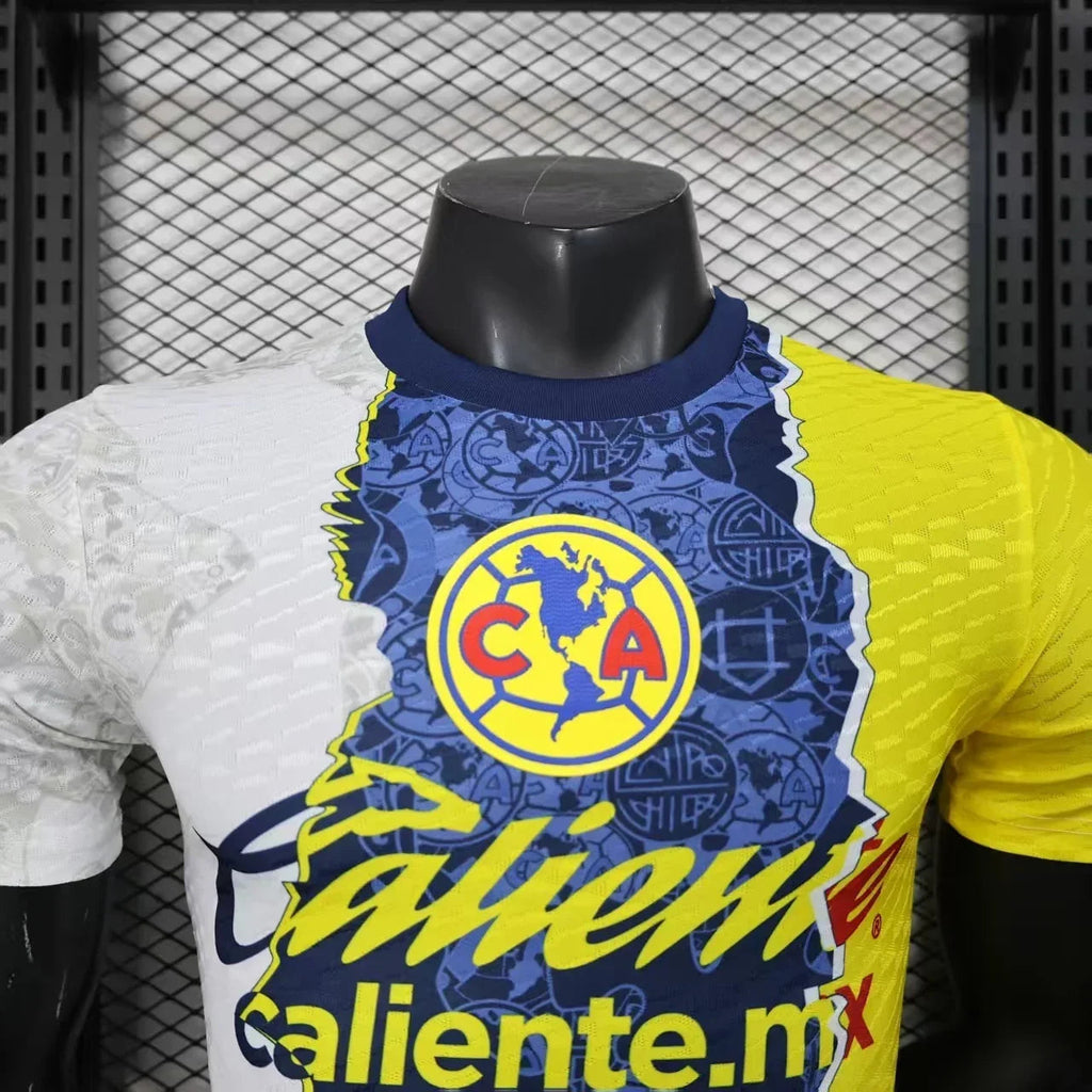 Maillot de football América concept 2025-26 de la marque Le 12 -ème Maillot, vue de face avec détails du design blanc et bleu