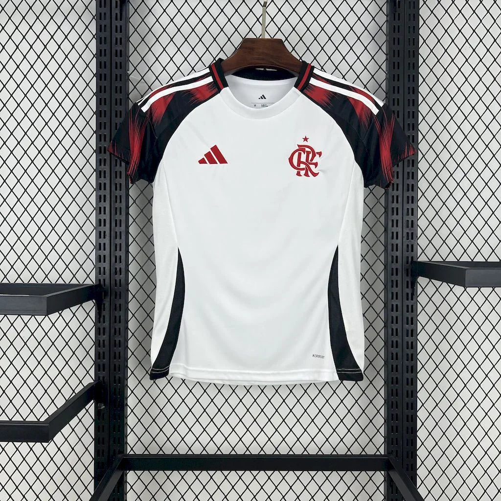 Maillot extérieur féminin Flamengo 2025-26 de la marque Le 12, vue de face avec logo et couleurs rouge et noir.
