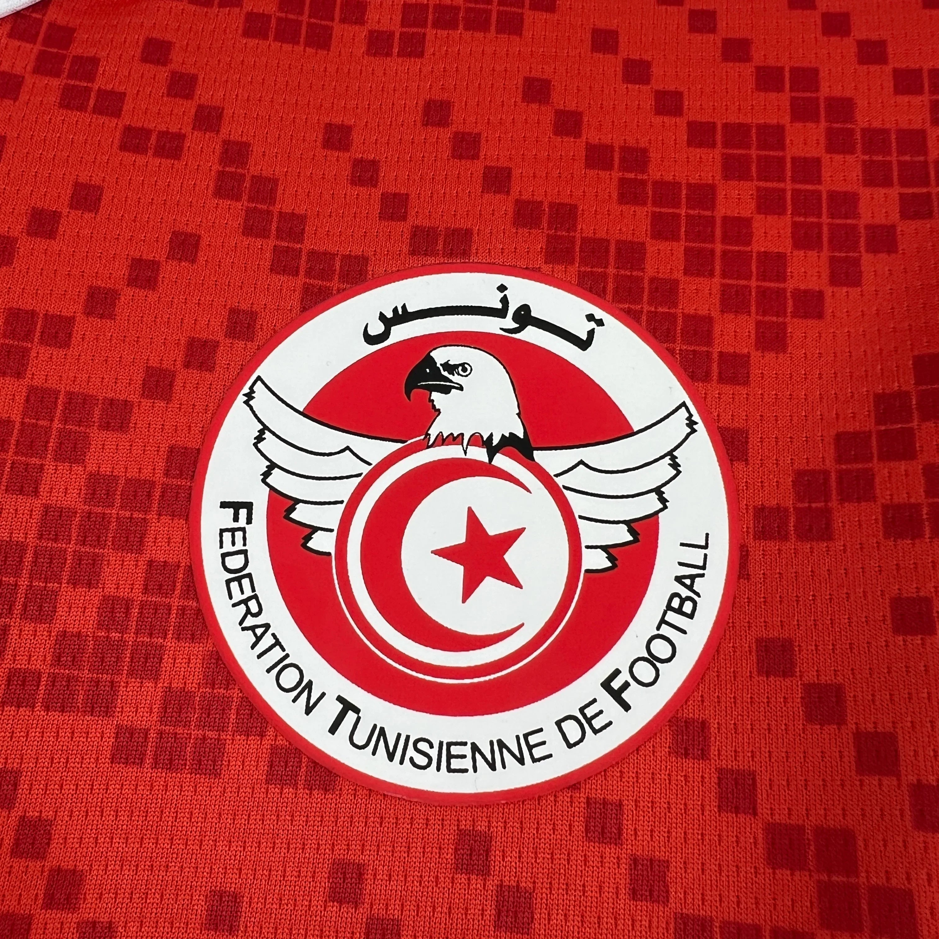 Maillot de la Tunisie pour la Coupe du Monde 2026, marque Le 12 -ème Maillot, vue de face avec design en vert et rouge.