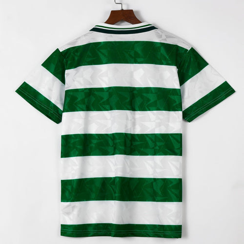 Maillot domicile rétro Celtic 1989-1991 Le 12 -ème Maillot, maillot de football avec rayures vertes et blanches, logo Celtic visible