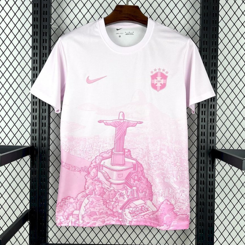Maillot de football Brésil rose pour enfants 25/26 ans, marque Le 12 -ème Maillot, avec logo et détails colorés.