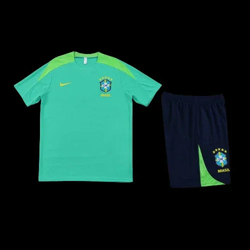 Ensemble Brésil Le 12 -ème Maillot avec logo du pays, tissu sportif bleu vert et détails blancs, prêt à porter pour supporter l'équipe nationale.