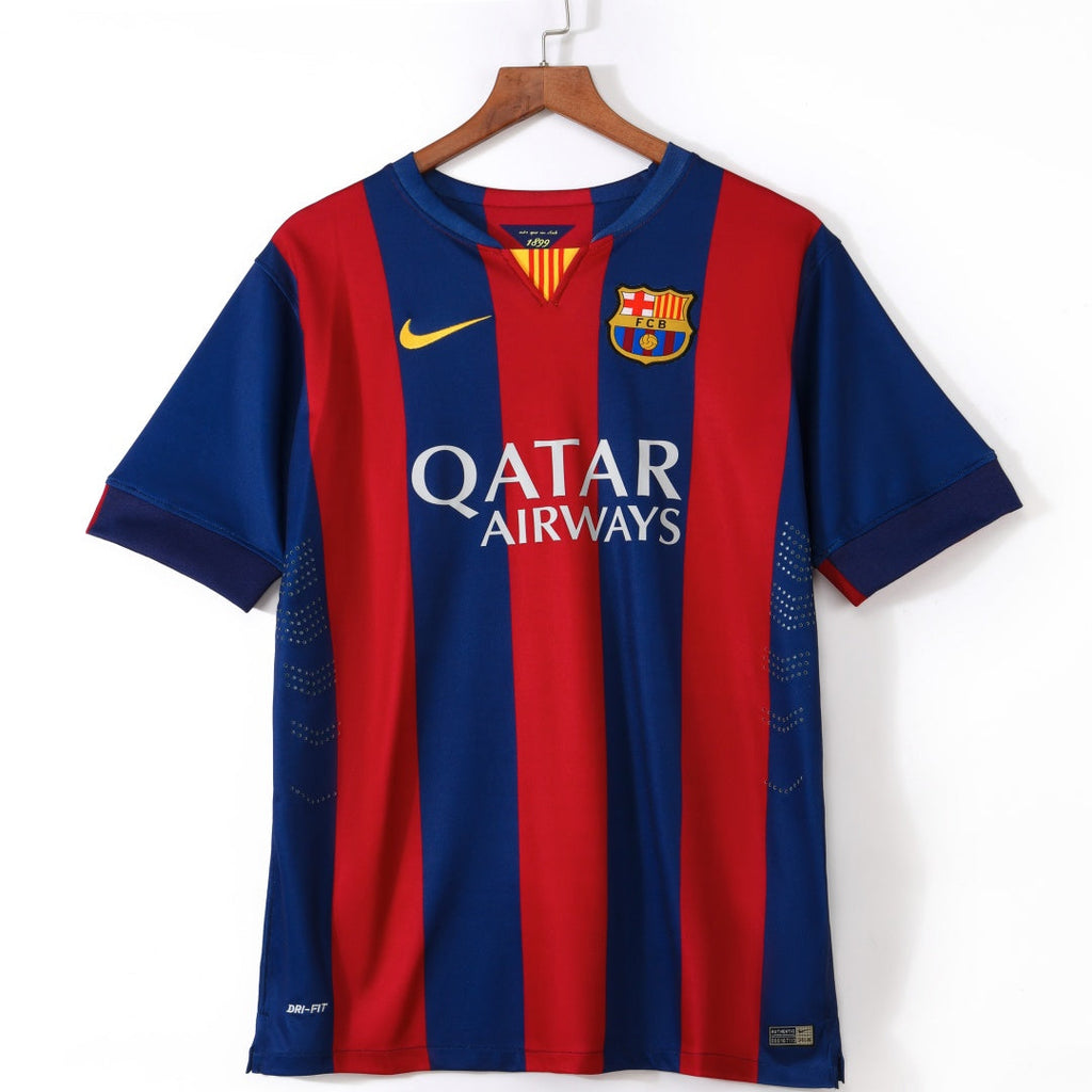 Maillot domicile rétro du FC Barcelone 2014-2015, marque Le 12 -ème Maillot, affichant les couleurs traditionnelles du club.
