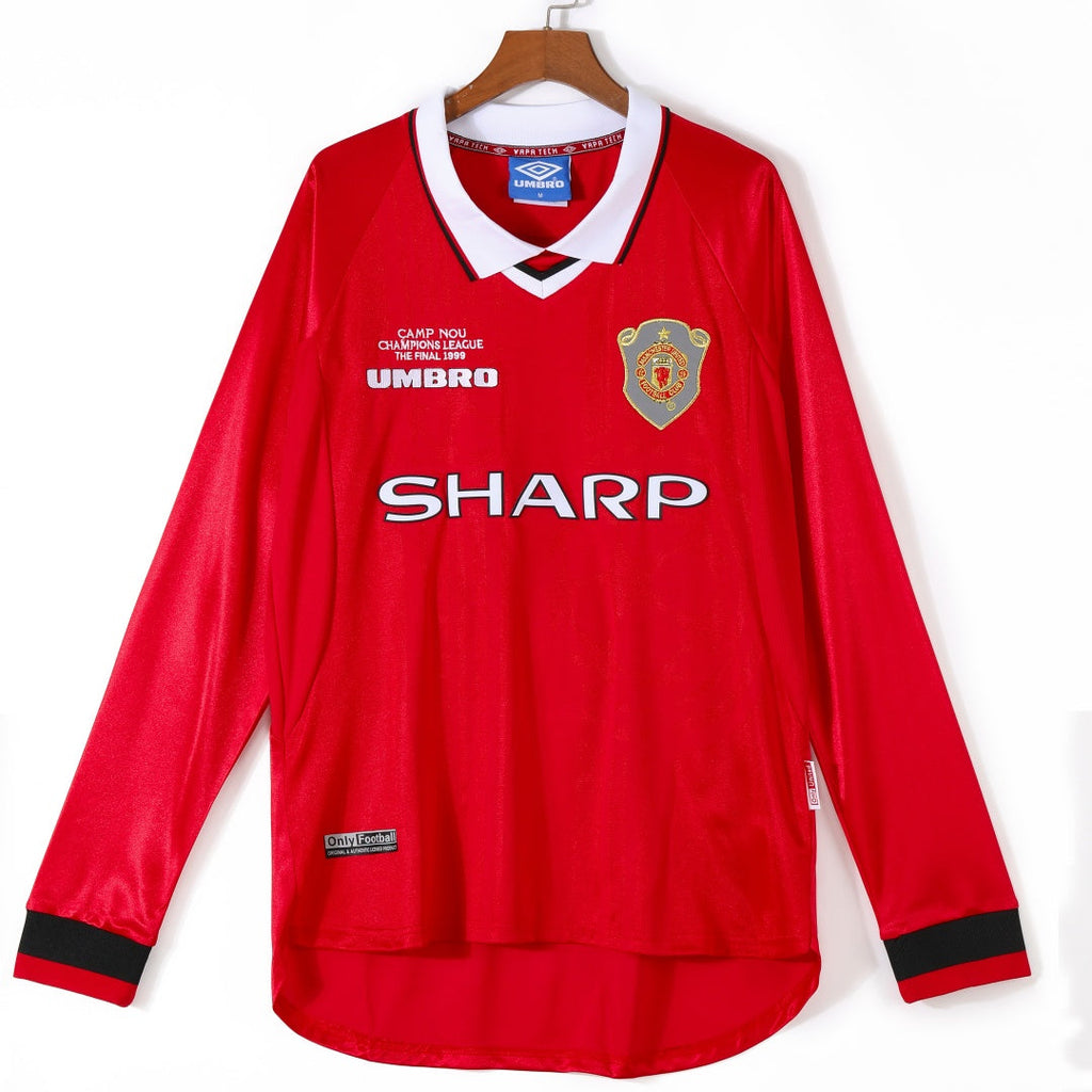 Maillot domicile rétro Manchester United 1999-2000 à manches longues, marque Le 12 -ème Maillot, avec logo et détails classiques