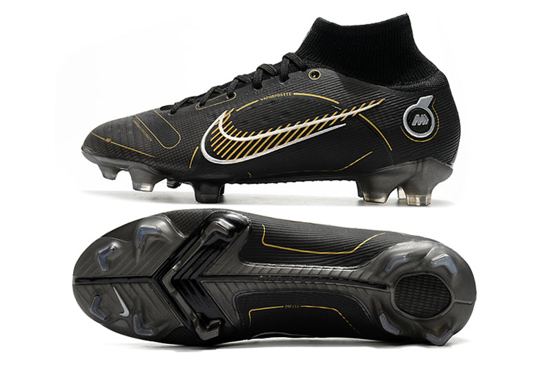 Crampons Mercurial Superfly IX Elite pour football, semelles en métal avec pointes, en bleu et noir, fixation solide.