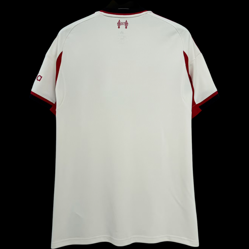 Maillot extérieur Liverpool 25/26 Le 12, maillot de football avec logo de l'équipe et détails de design.