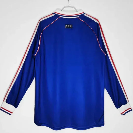 Maillot à manches longues de l'équipe de France 1998, version rétro, fabriqué par Le 12 -ème Maillot, vue de face.