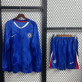 Ensemble Chelsea domicile pour adulte, maillot à manches longues, marque Le 12 -ème Maillot, en tissu bleu et blanc.
