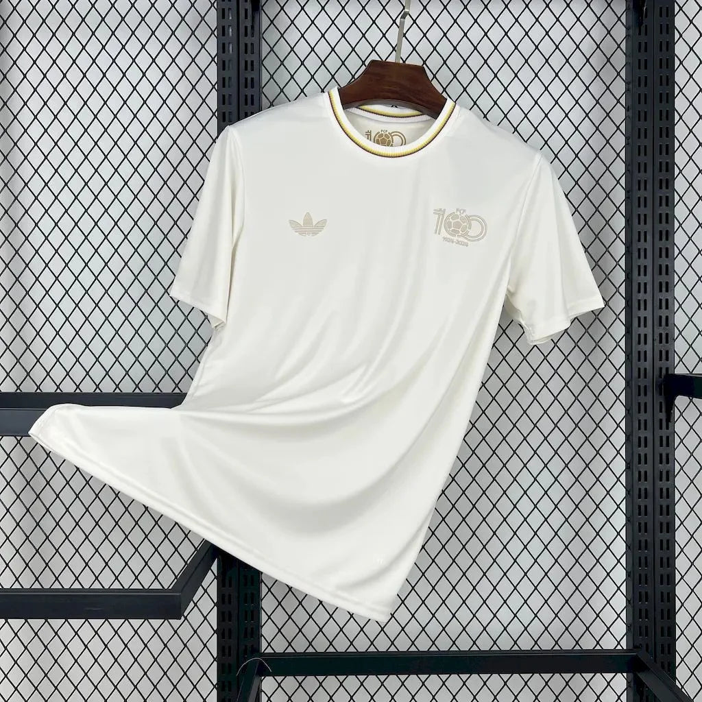 Maillot de football Colombie 100ème anniversaire 2024-2025, marque Le 12, vue de face avec détails du design.