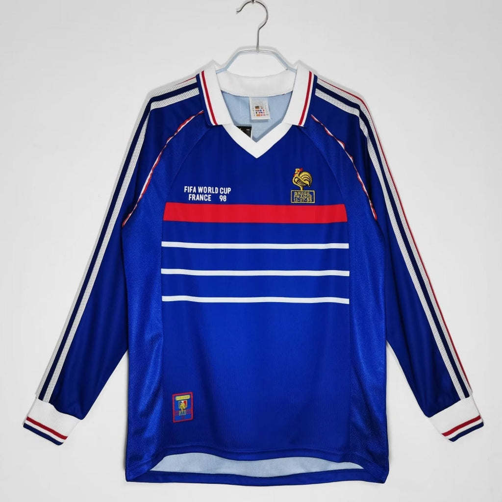 Maillot rétro France Domicile 1998 à manches longues de la marque Le 12 -ème Maillot, vue de face.