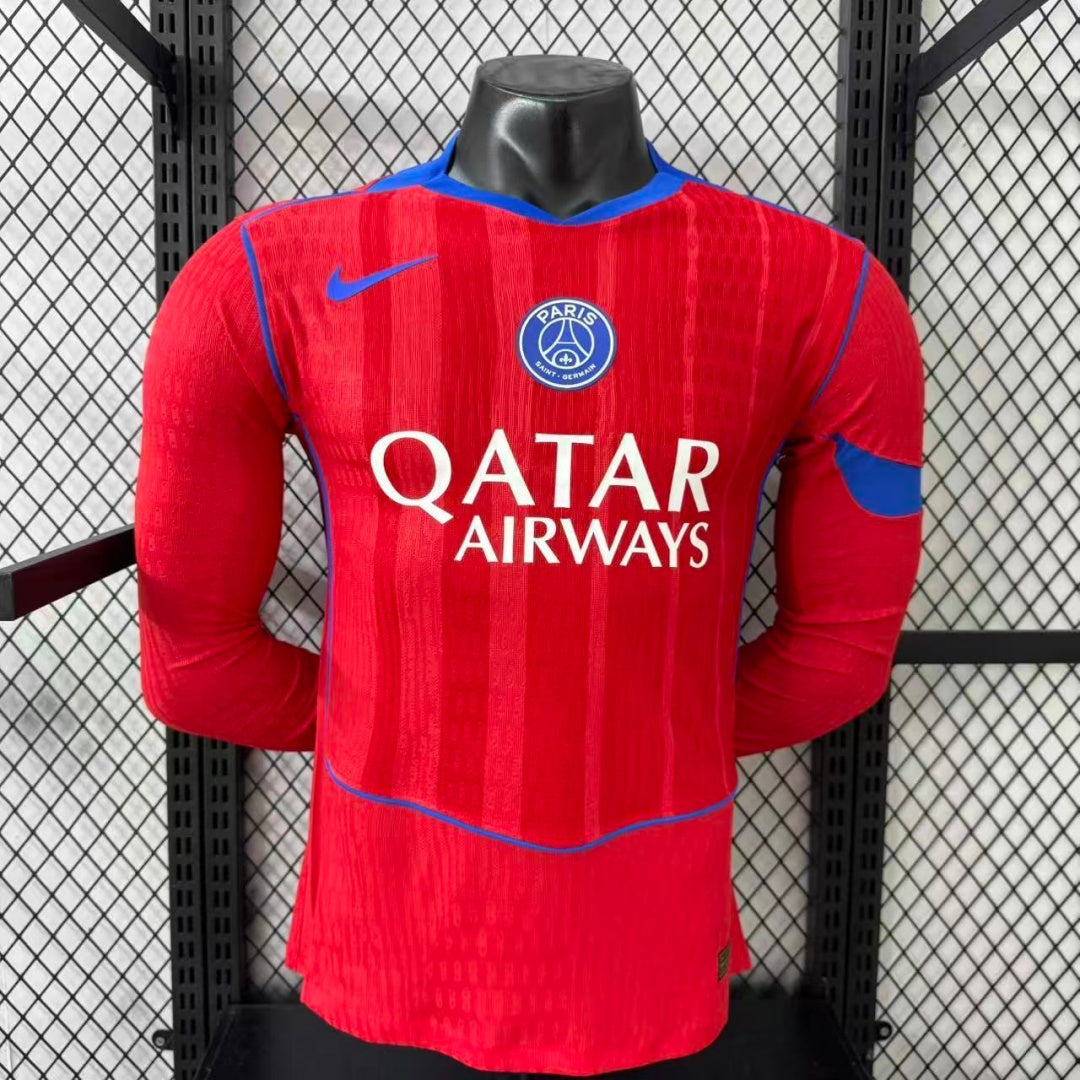 Maillot PSG third manches longues Le 12-ème Maillot pour enfant taille 25/26, maillot de football à motifs bleu et rouge.