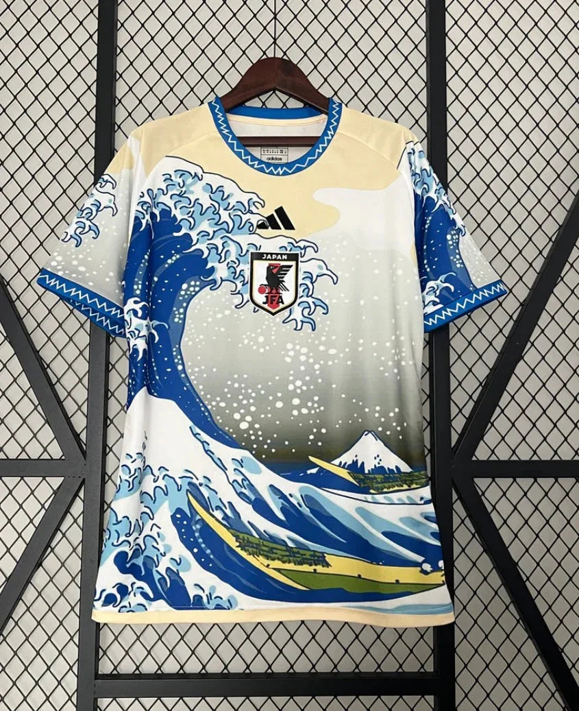 Maillot de football Japon Le 12 -ème Maillot avec design concept vague, vue de face sur fond neutre