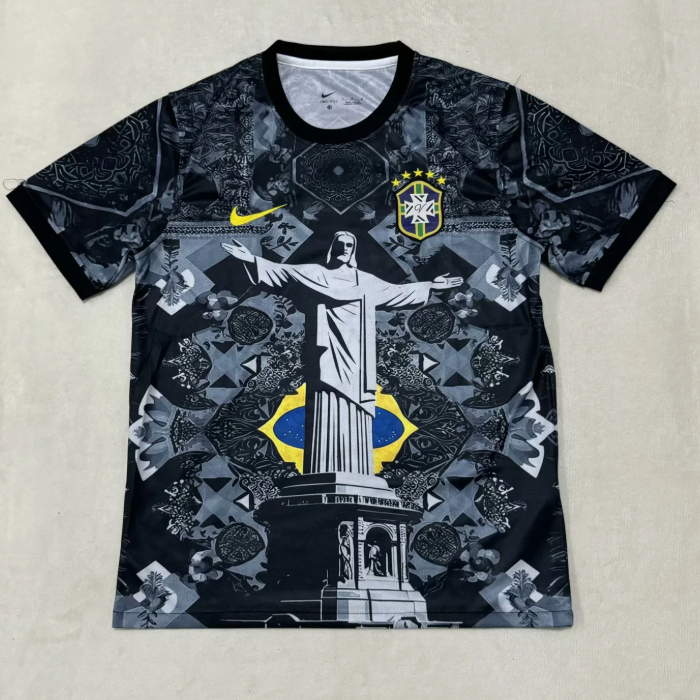 Maillot de football Brésil 25/26 Le 12 -ème Maillot, noir, avec logo et détails du design, vue frontale.