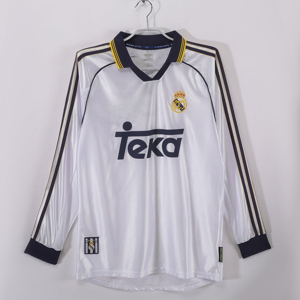 Maillot domicile rétro de 1998-2000 pour Real Madrid, manches longues, fabriqué par Le 12 -ème Maillot, en bleu et blanc.