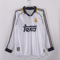Maillot domicile rétro de 1998-2000 pour Real Madrid, manches longues, fabriqué par Le 12 -ème Maillot, en bleu et blanc.