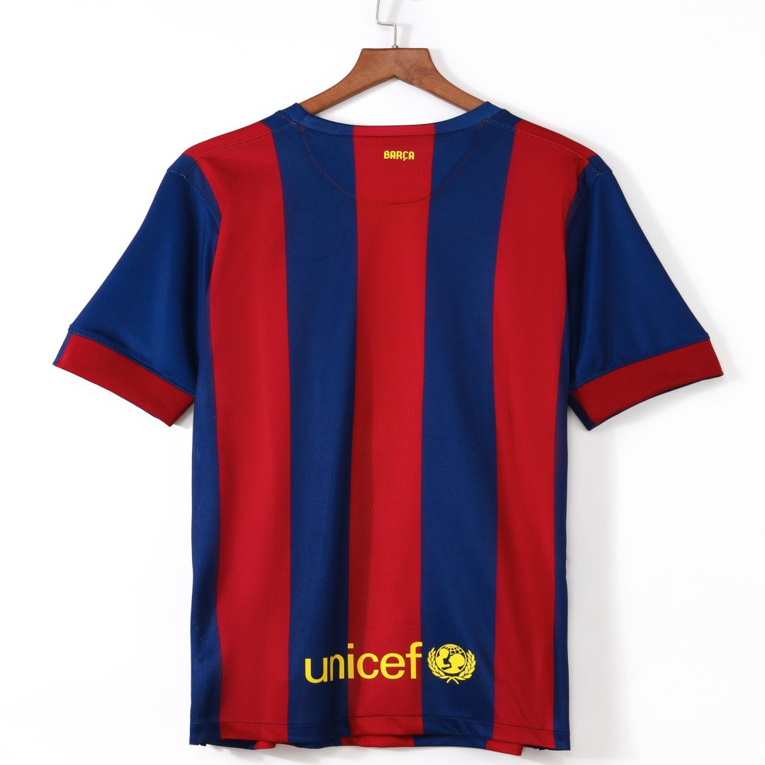 Maillot domicile rétro du FC Barcelone 2014-2015, fabriqué par Le 12 -ème Maillot, avec les couleurs traditionnelles blaugrana.