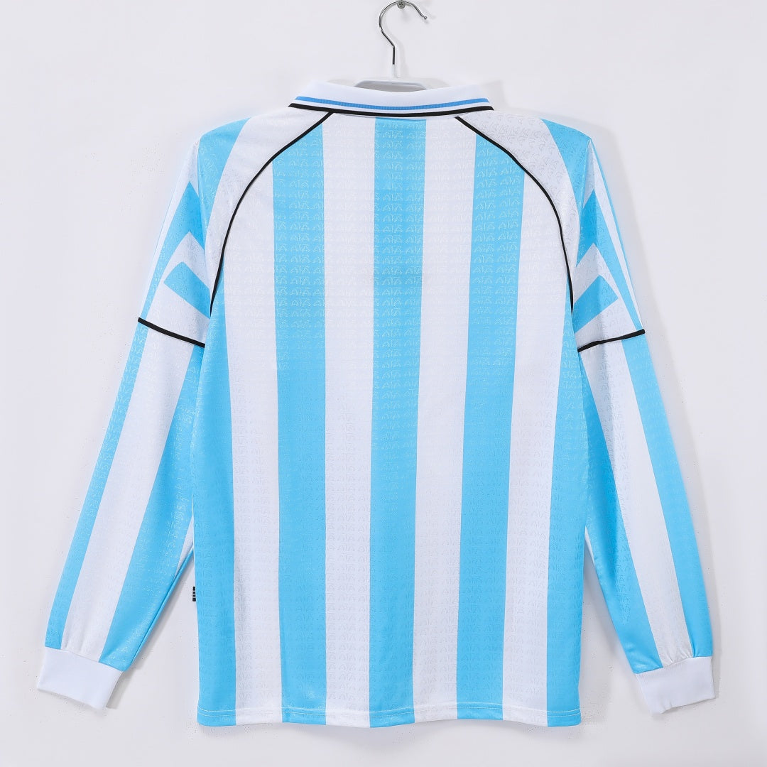 Maillot de football Argentine domicile rétro 1997-1998 à manches longues, marque Le 12ème Maillot, design vintage.