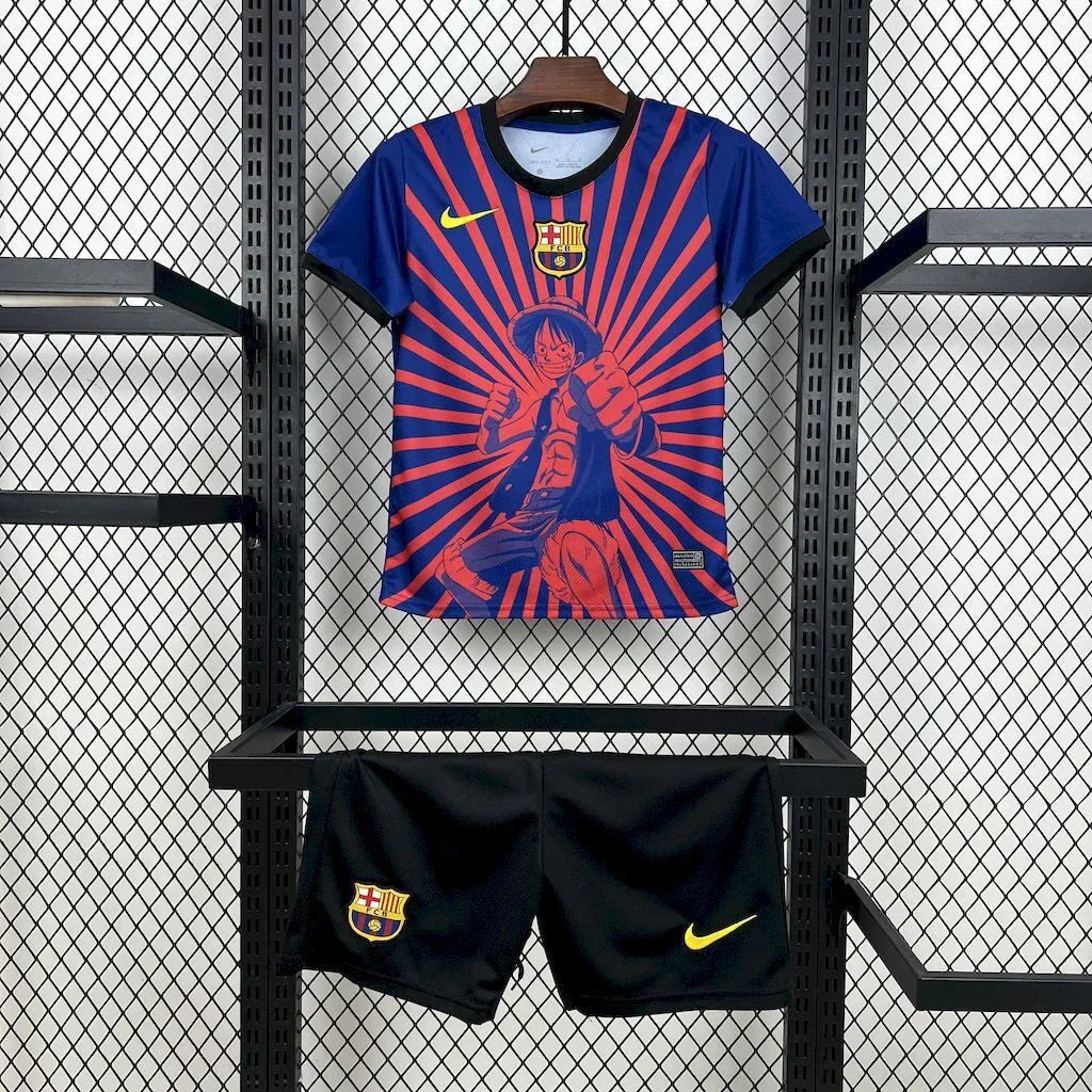 Kit enfant FC Barcelone concept 2025-26, maillot bleu et grenat, avec logo du club et design moderne, par Le 12 -ème Maillot.