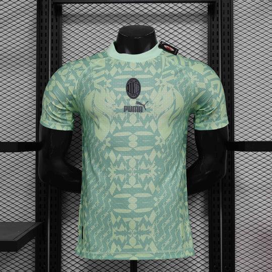 Maillot AC Milan édition spéciale vert, collection 2023-2024, par Le 12 -ème Maillot, vue de face avec logo et détails verts.