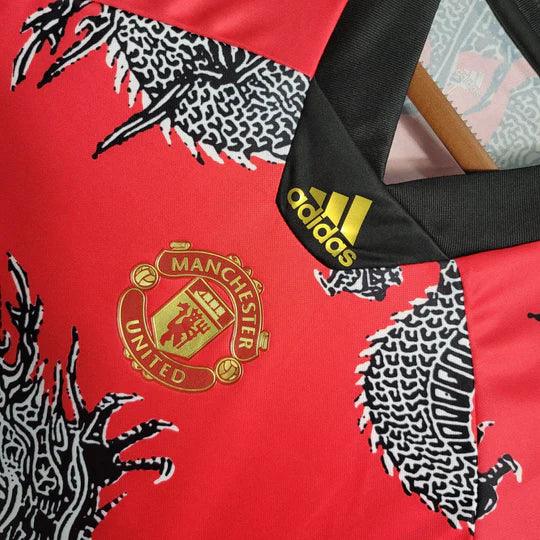 Maillot de football Manchester United rétro 2019-2020 Le 12-ème avec motif Dragon japonais, manches blanches et logo sur la poitrine