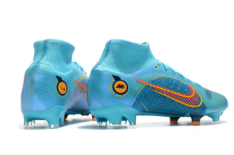 Crampons Mercurial Superfly IX Elite de Le 12 -ème Maillot, vue de face avec pointes en métal et design en bleu et noir.
