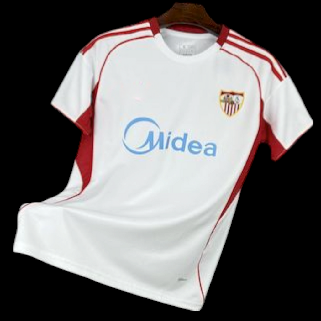 Maillot de football Seville domicile 25/26, marque Le 12-ème Maillot, en tissu rouge avec logo et détails blancs visibles.
