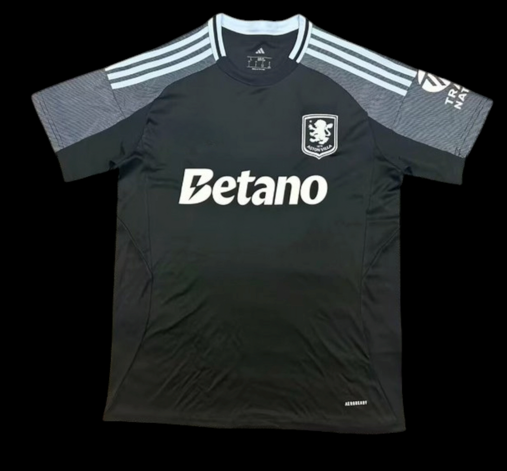 Maillot extérieur Aston Villa 25/26, marque Le 12-ème, vue de face avec logo et motifs distinctifs en bleu et claret.