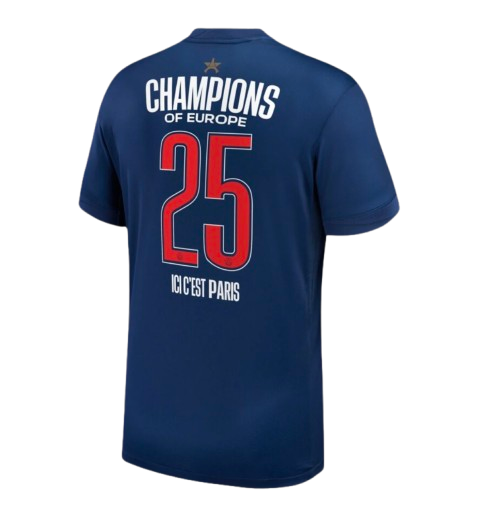 Maillot PSG 24/25 Champions Le 12-ème Maillot avec flocage, vue de face montrant le design et les détails du maillot.