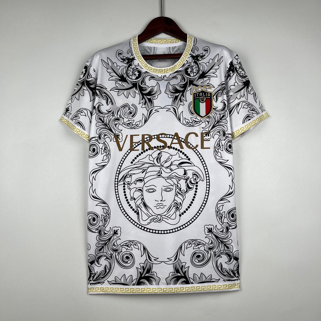 Maillot Italie Concept Blanc Doré 2023-2024 Le 12 -ème Maillot, vue front avec détails blancs et dorés.