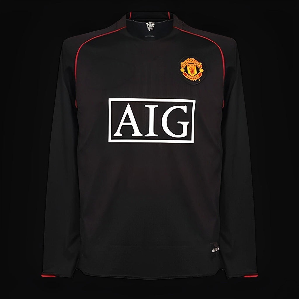 Maillot extérieur rétro Manchester United 2007-2008 à manches longues, fabriqué par Le 12-ème Maillot, vue de face.