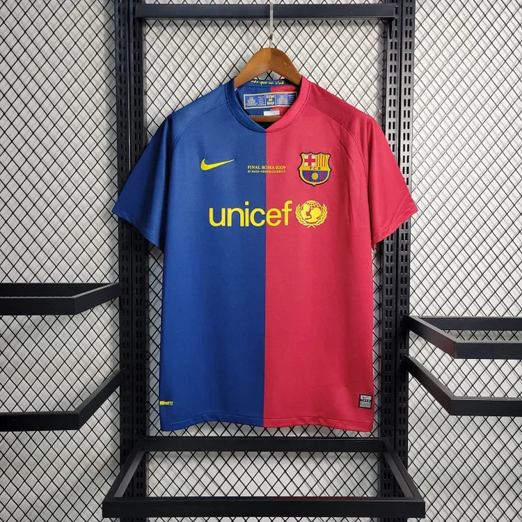 Maillot rétro de football FC Barcelone saison 2008-2009, marque Le 12-ème Maillot, vue de face avec logo et couleurs emblématiques.