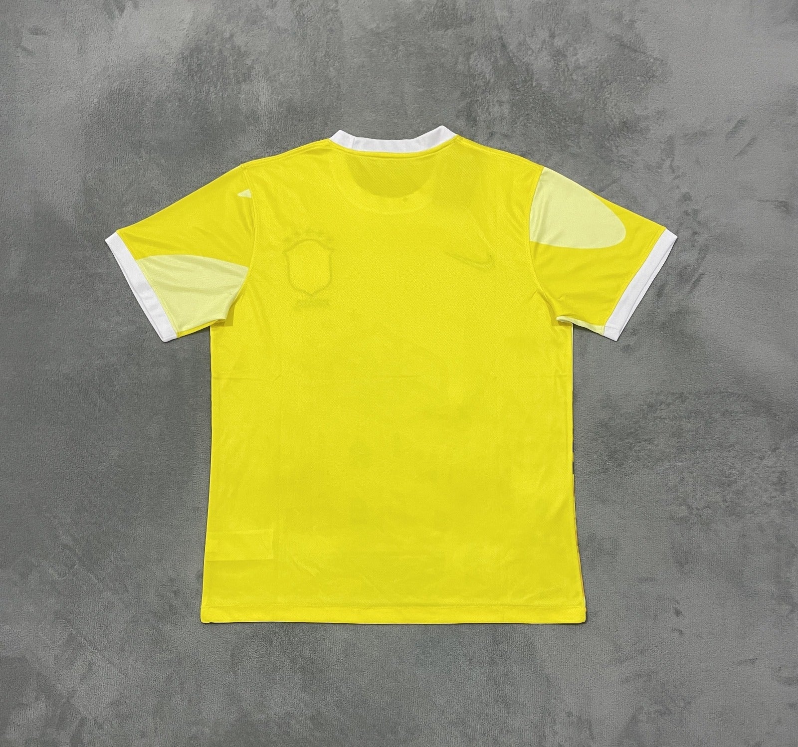 Maillot de football Brésil 24/25, modèle spécial C, de la marque Le 12, avec design vert et jaune, vue frontale.