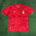 Maillot 24/25 Espagne Le 12, maillot de football avec logo officiel, couleurs rouge et jaune, vue front de l'équipe nationale.