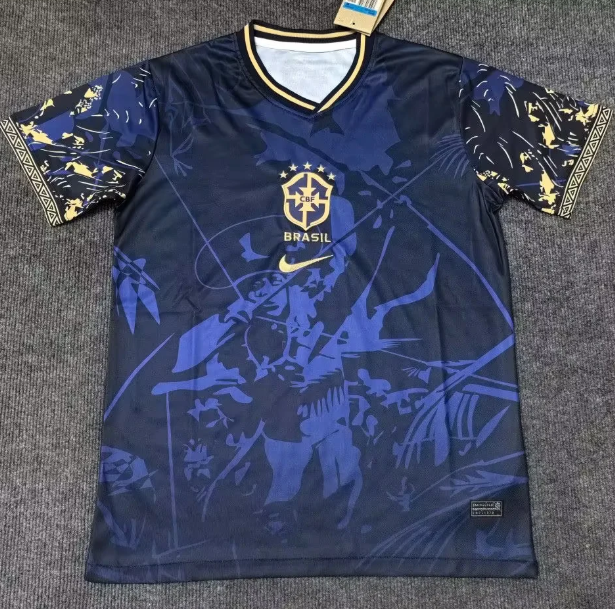 Maillot de football Brésil 25/26 noir et bleu, modèle spécial, par Le 12 -ème Maillot, vue de face avec détails du design.