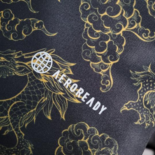 Maillot Japon 2023-2024 Le 12 avec motif Dragon, maillot de football concept, design détaillé et couleur bleue.