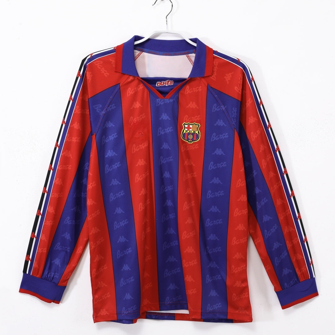 Maillot de football domicile rétro de Barcelone 1995-1997, manches longues, marque Le 12 -ème Maillot, devant avec logo blaugrana