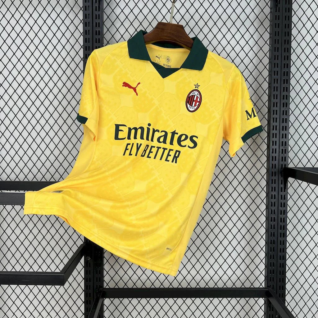 Maillot extérieur de football AC Milan 2025-26 de la marque Le 12ème, vue en gros plan sur le design du maillot.