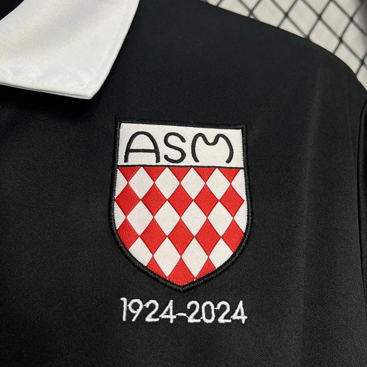 Maillot de football noir AS Monaco 2024-2025, marque Le 12 -ème Maillot, vue de face, détails du design officiel.
