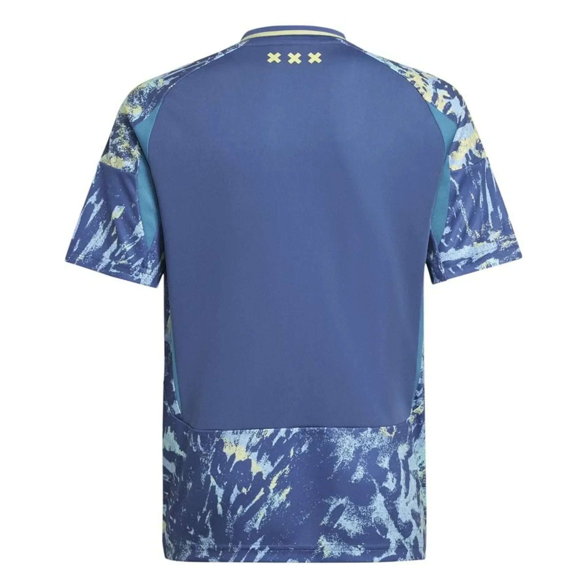 Maillot extérieur Ajax 2024/25 Le 12 -ème Maillot, logo Ajax et détails en bleu et blanc sur le maillot de football.